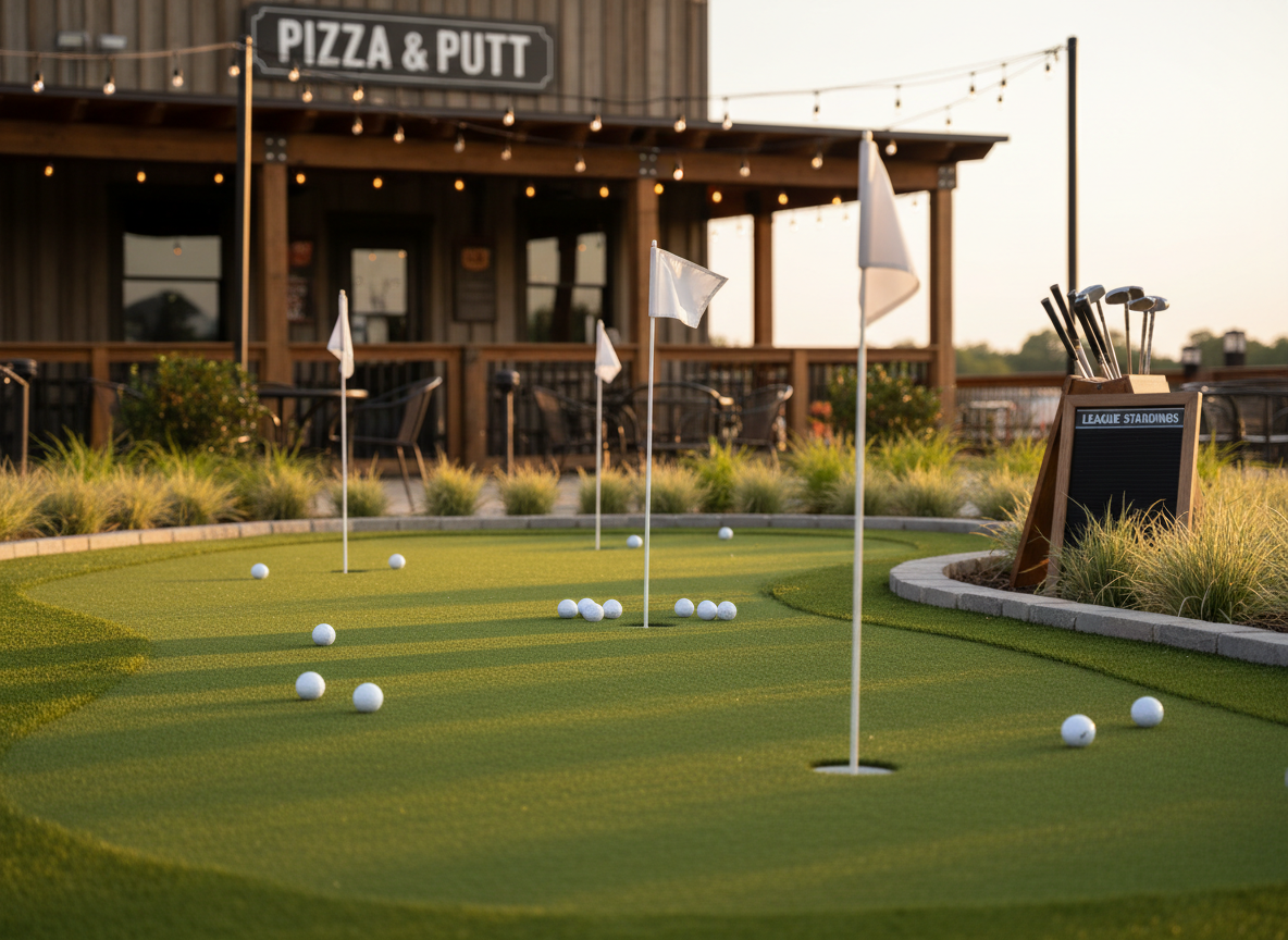 A realistic photographic scene of a compact golf league practice area behind a pizza pub, featuring a manicured putting green with three metal flagsticks and vivid white golf balls scattered near the holes. The surrounding landscape includes low ornamental grasses, clean stone edging, and a glimpse of the pub’s patio seating in the background, softly out of focus. Late-afternoon sunlight creates gentle highlights on the smooth artificial turf and subtle reflections on the polished club heads resting against a simple stand. Shot from a low, slightly angled perspective along the green, the composition feels calm, focused, and professional, suggesting organized recreational golf leagues and standings tracking in a polished setting.