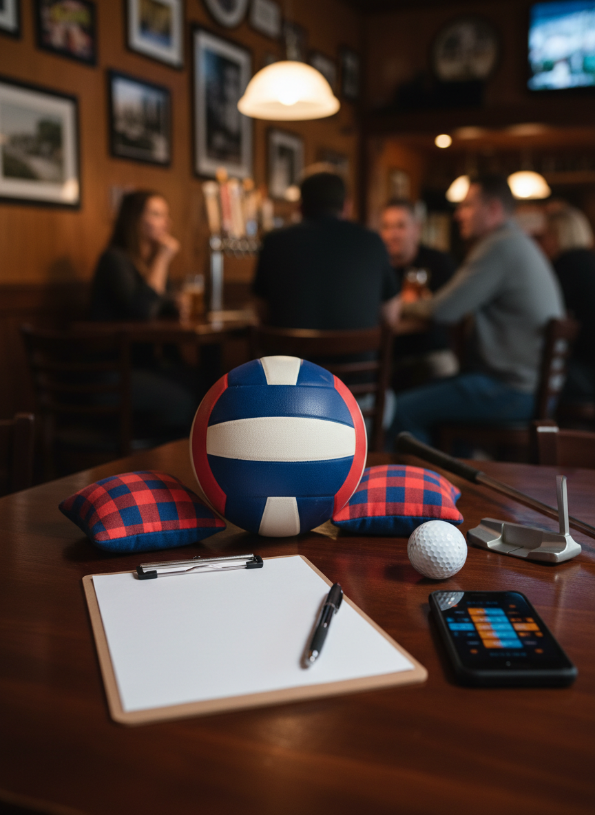 A photographic, detail-rich still life representing multi-sport league participation at Trappers Pizza Pubs. Arranged neatly on a dark wooden pub table are a slightly scuffed volleyball, a pair of vibrant fabric cornhole bags, and a polished golf ball resting beside a putter head. Beneath them lies a clean clipboard with blank pages and a pen, symbolizing sign-ups and schedules, with a smartphone showing an abstract grid-like interface with no readable text. Soft, warm pendant lighting from above creates gentle highlights on the equipment and rich reflections in the tabletop. Shot from a slightly elevated angle with a shallow depth of field, the background fades into a tasteful blur of pub decor, conveying a professional yet relaxed community league atmosphere.