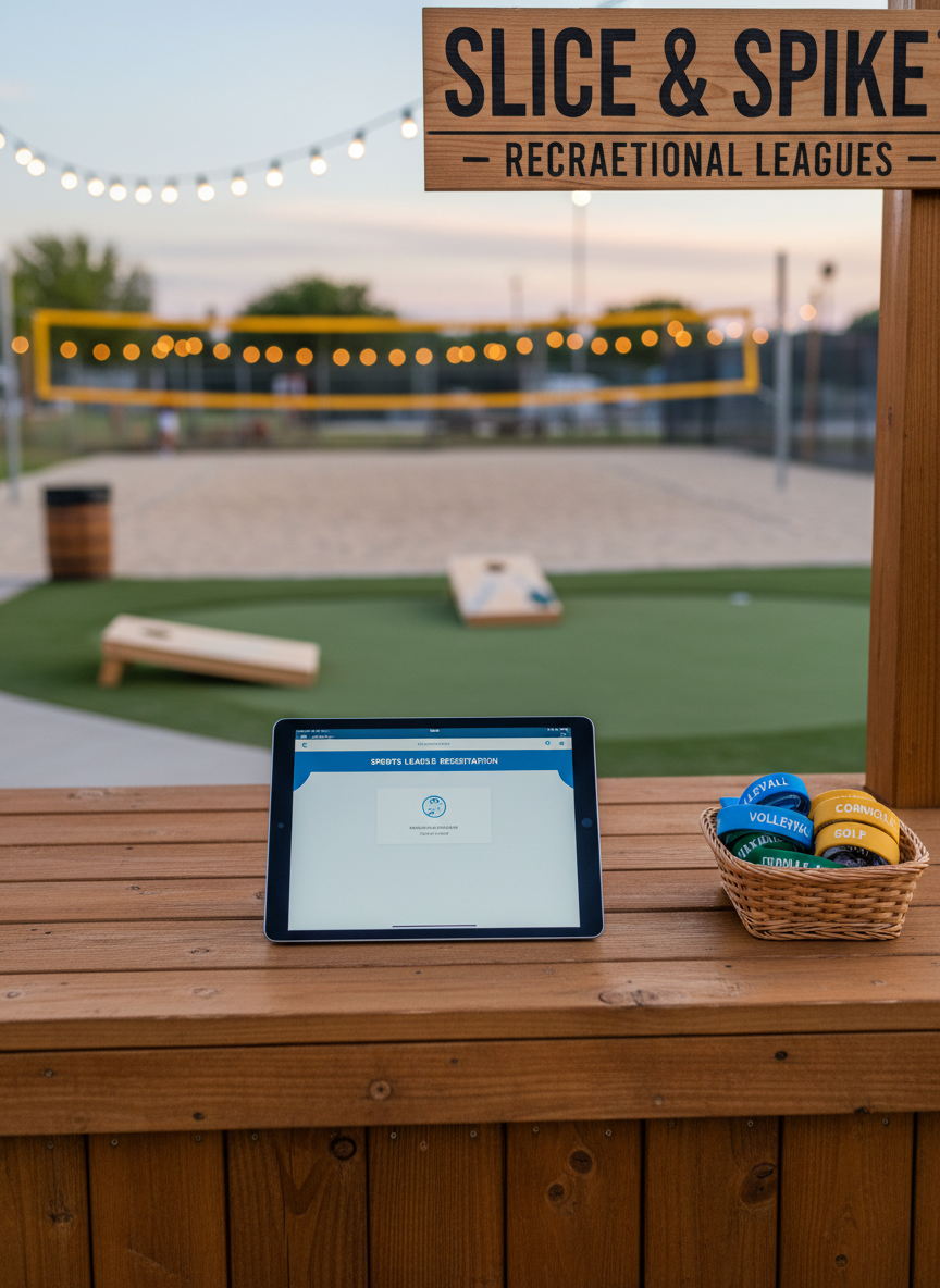 A clean, photographic close-up of a wooden outdoor sign-up station for recreational sports leagues at a pizza pub venue. On a sturdy, weathered-wood counter sits a sleek tablet with a blank, softly glowing screen angled toward the viewer, beside a small basket of color-coded wristbands representing different leagues like volleyball, cornhole, and golf. Behind the station, blurred sand courts, cornhole boards, and a putting green are visible, suggesting multiple activities. Warm, diffused evening light from overhead fixtures and the fading sky creates a welcoming, professional atmosphere. Shot at eye level with shallow depth of field, the composition emphasizes easy, organized registration and the convenience of managing schedules and standings in one place.