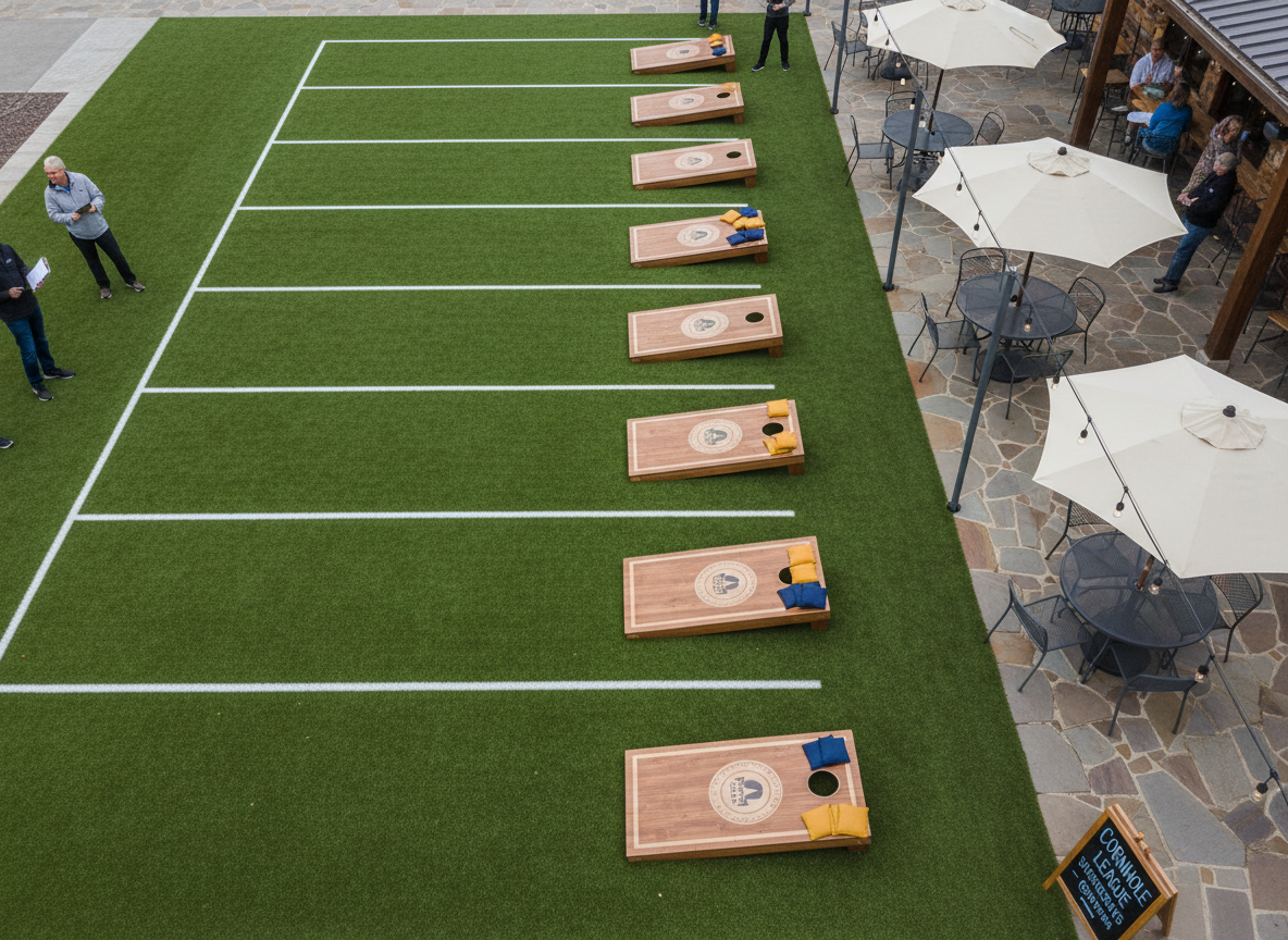 A photographic overhead view of multiple cornhole lanes laid out neatly on a smooth artificial turf area beside an inviting sports pub patio. Each wooden cornhole board has a rich stained finish with neutral, non-branded designs, and neatly stacked beanbags in coordinated team colors resting on top. String lights hang above the patio, unlit in the soft overcast daylight, with outdoor tables and umbrellas hinting at a social gathering space. Captured from a high angle, the image emphasizes orderly lane layout and clear spacing, evoking league structure and organized play. The atmosphere is casual, friendly, and community-focused, ideal for illustrating sign-ups and weekly league nights.
