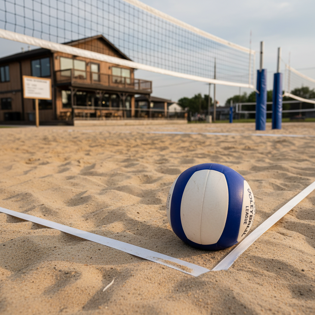 A close-up, photographic scene of a sand volleyball court under bright but diffused late-afternoon light, focusing on a textured white and blue volleyball resting near a crisp boundary line. The fine grains of sand are clearly visible, slightly disturbed as if after a recent play. In the midground, a taut net stretches between sturdy padded posts, with additional empty courts and a low-key pub building softly blurred in the background. The composition follows the rule of thirds, with shallow depth of field emphasizing the ball and court details. The mood is energetic and anticipatory, suggesting organized league matches, schedules, and standings in a clean, professional recreational environment.