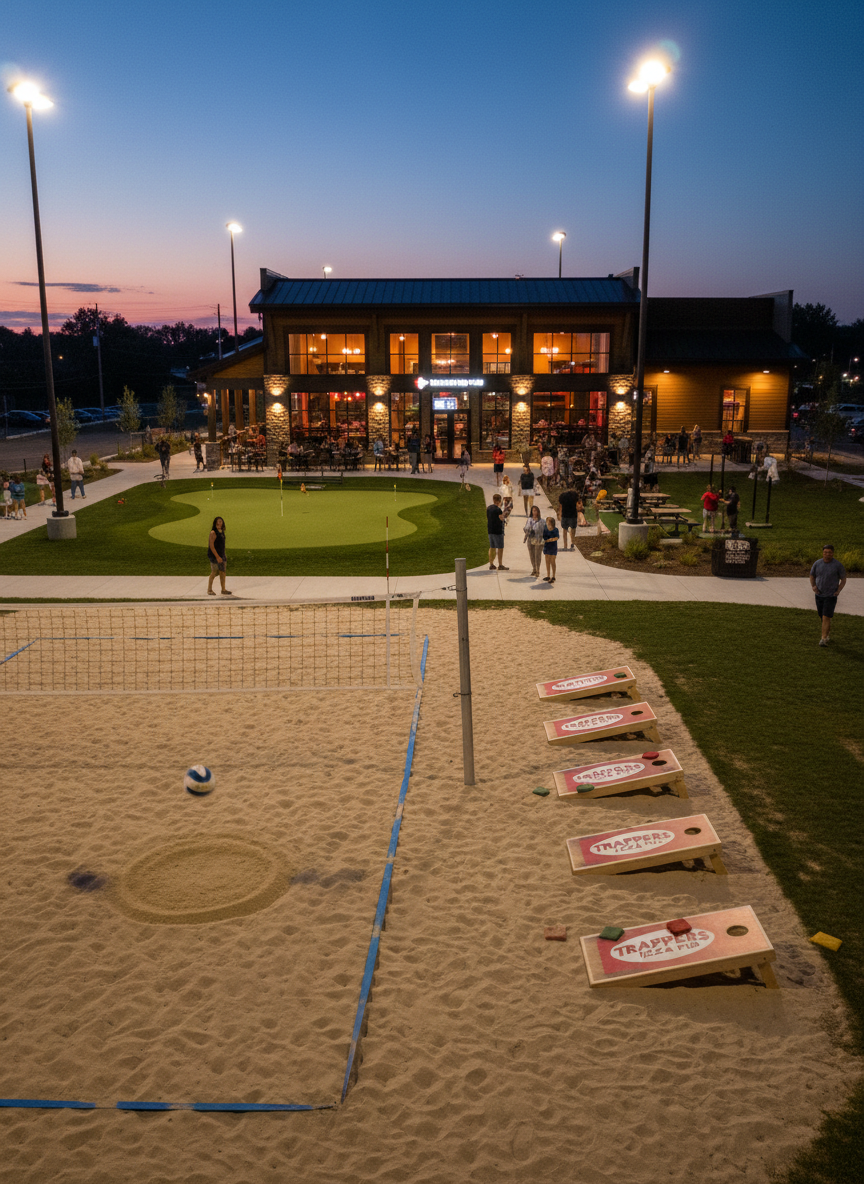 A dynamic, wide photographic shot of an outdoor recreational area at dusk, illuminated by evenly spaced, warm stadium-style lights. In the foreground, a sand volleyball court shows a ball mid-bounce imprint in the sand near the net, while to one side a series of cornhole boards are aligned for league play, and further back a small putting green glows under the lights. The adjacent pizza pub building features large windows with a soft interior glow, hinting at food and socializing. Captured from a slightly elevated corner angle with strong depth and leading lines along the courts, the atmosphere is vibrant yet family-friendly, perfectly illustrating an active league night for Trappers Pizza Pubs.