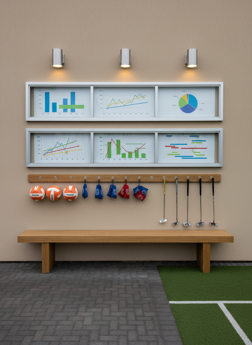A photographic scoreboard and schedule area mounted on a clean exterior wall near recreational courts at a pizza pub sports venue. Sleek, glass-fronted display cases hold color-coded charts and diagrams without legible text, symbolizing league schedules and standings. Beneath them, a narrow bench and a row of numbered hooks hold neatly arranged, unbranded volleyballs, cornhole bags, and golf putters. Soft early evening lighting from wall-mounted fixtures casts gentle, even illumination with minimal shadows, giving the scene a professional, organized feel. Shot straight-on with perfectly level lines and sharp focus, the composition communicates structure, clarity, and the central hub where players check their match times and league progress.